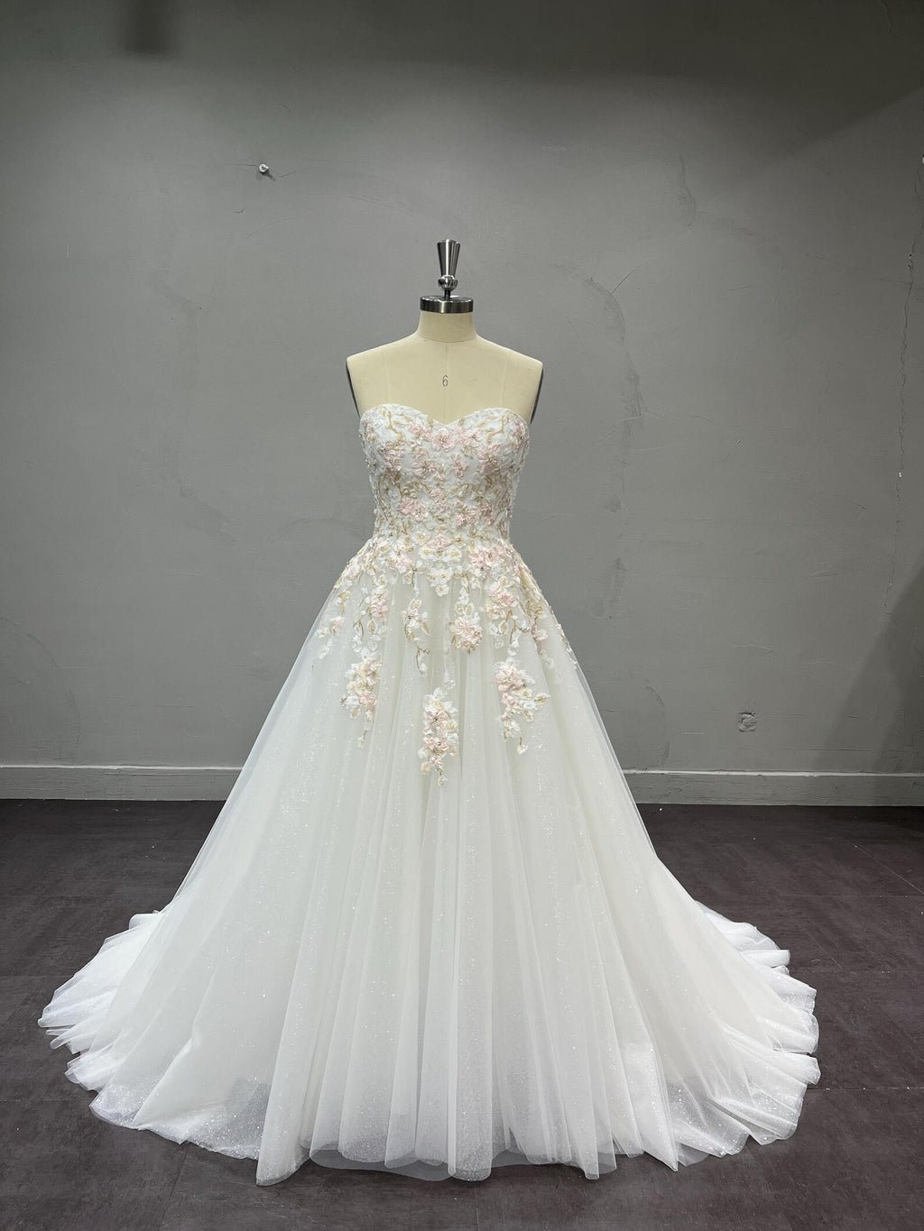 Romantic Sweetheart Neck Wedding Gown, 3D Pink Flower Appliqué A-line Dress, Sparkly Tulle Custom Bridal Gown