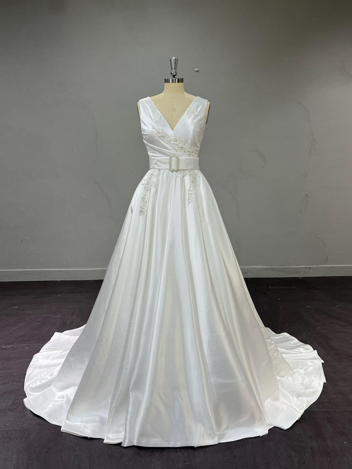 Classic V-Neck Satin Wedding Gown, Lace Embellished A-line Dress, Satin Belt Chapel Train Custom Bridal Dress