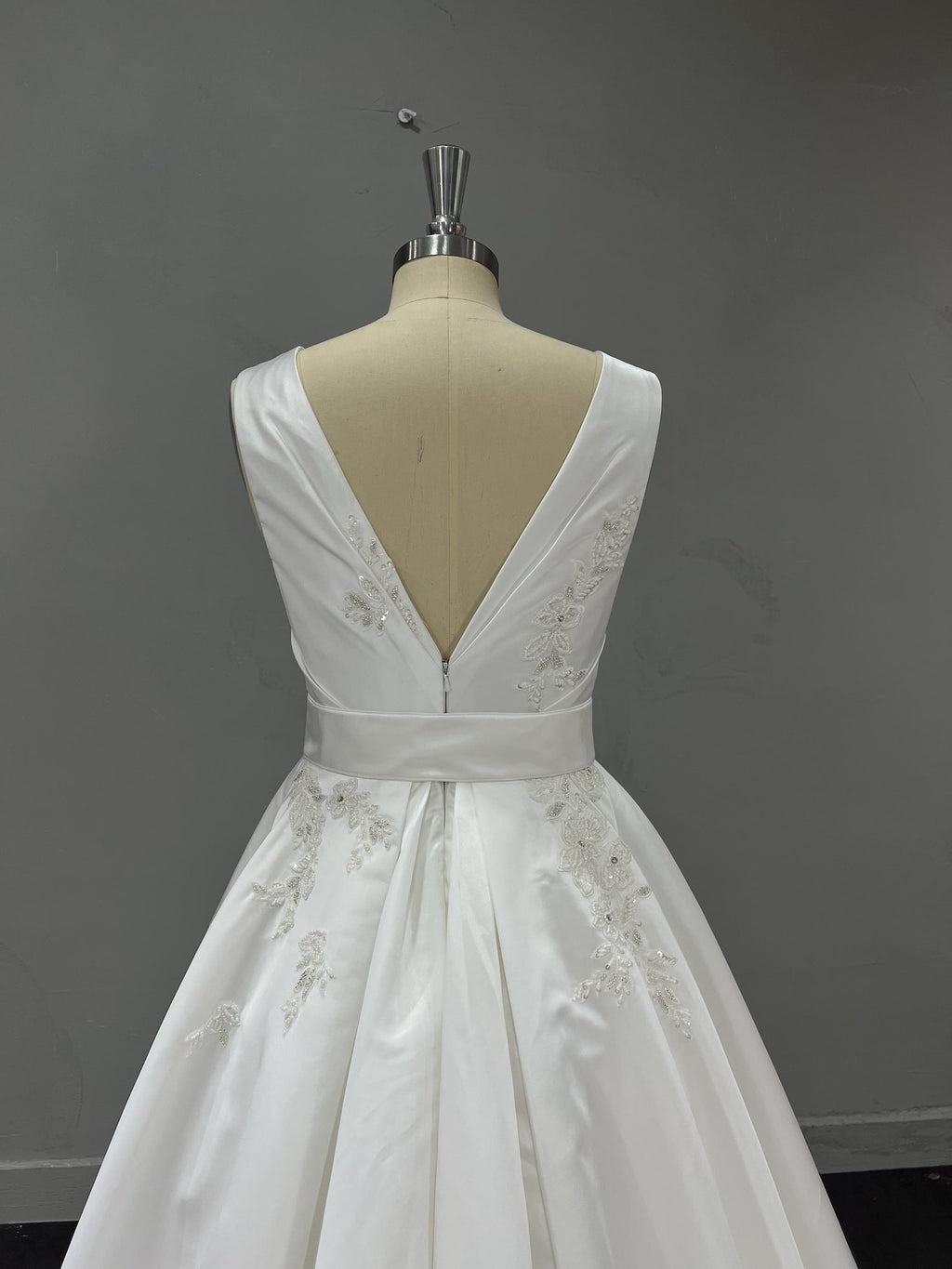 Classic V-Neck Satin Wedding Gown, Lace Embellished A-line Dress, Satin Belt Chapel Train Custom Bridal Dress