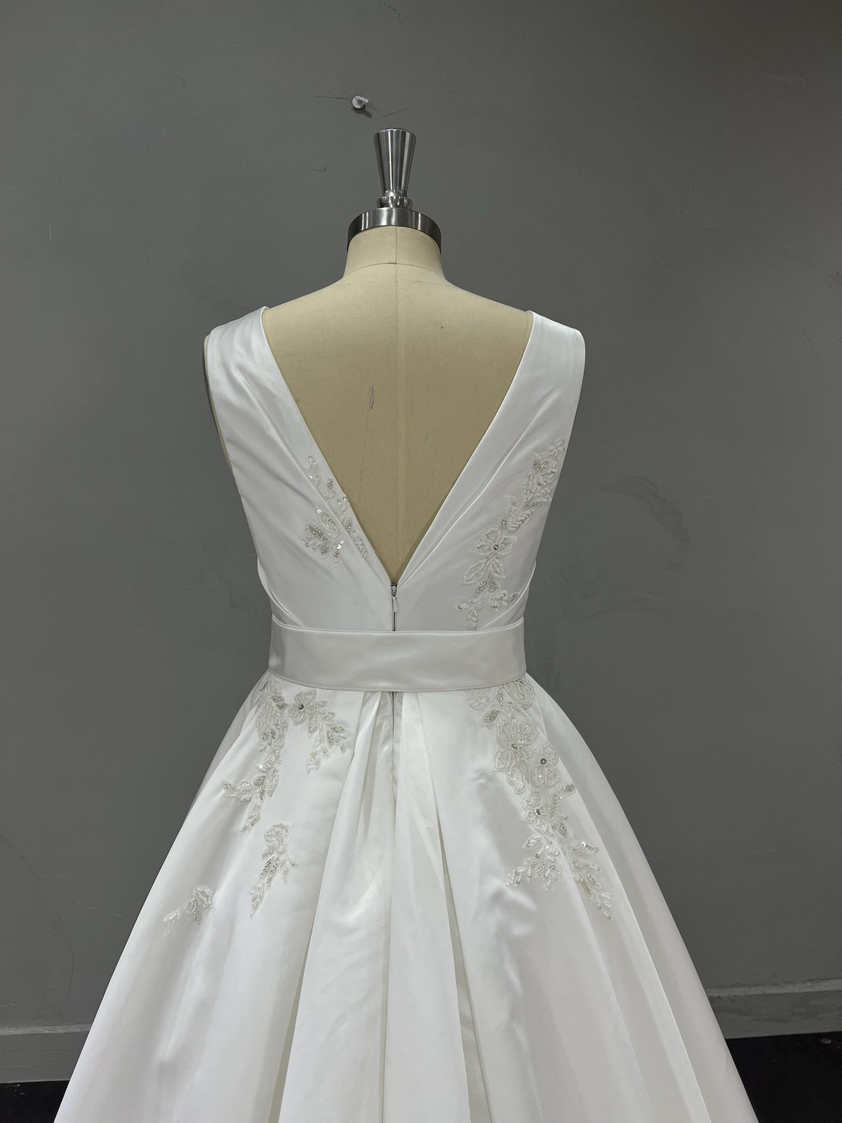 Classic V-Neck Satin Wedding Gown, Lace Embellished A-line Dress, Satin Belt Chapel Train Custom Bridal Dress