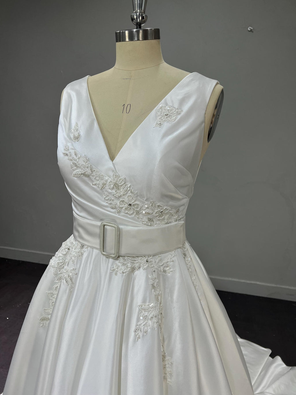 Classic V-Neck Satin Wedding Gown, Lace Embellished A-line Dress, Satin Belt Chapel Train Custom Bridal Dress