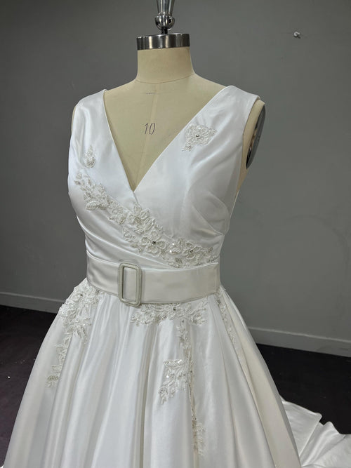 Classic V-Neck Satin Wedding Gown, Lace Embellished A-line Dress, Satin Belt Chapel Train Custom Bridal Dress