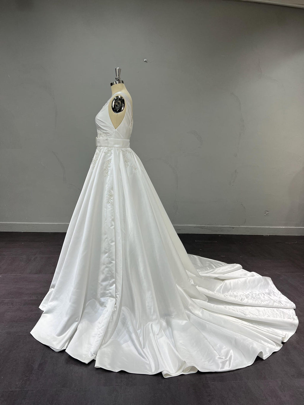 Classic V-Neck Satin Wedding Gown, Lace Embellished A-line Dress, Satin Belt Chapel Train Custom Bridal Dress