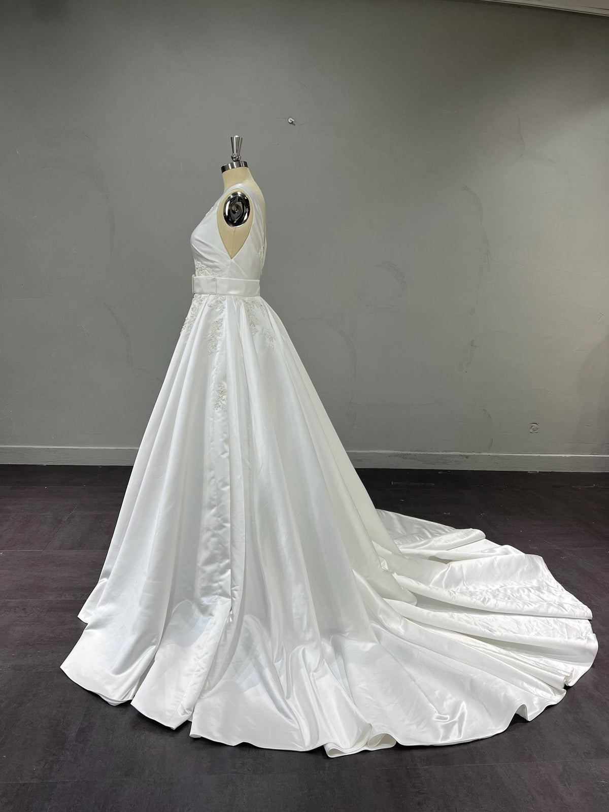 Classic V-Neck Satin Wedding Gown, Lace Embellished A-line Dress, Satin Belt Chapel Train Custom Bridal Dress