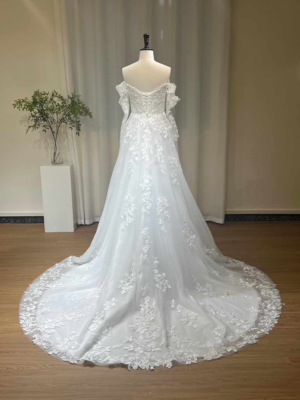 Off-the-Shoulder A-Line Wedding Dress, 3D Floral Lace Bridal Gown, Sparkle Tulle Chapel Train Wedding Gown, Custom Made Bride Dress