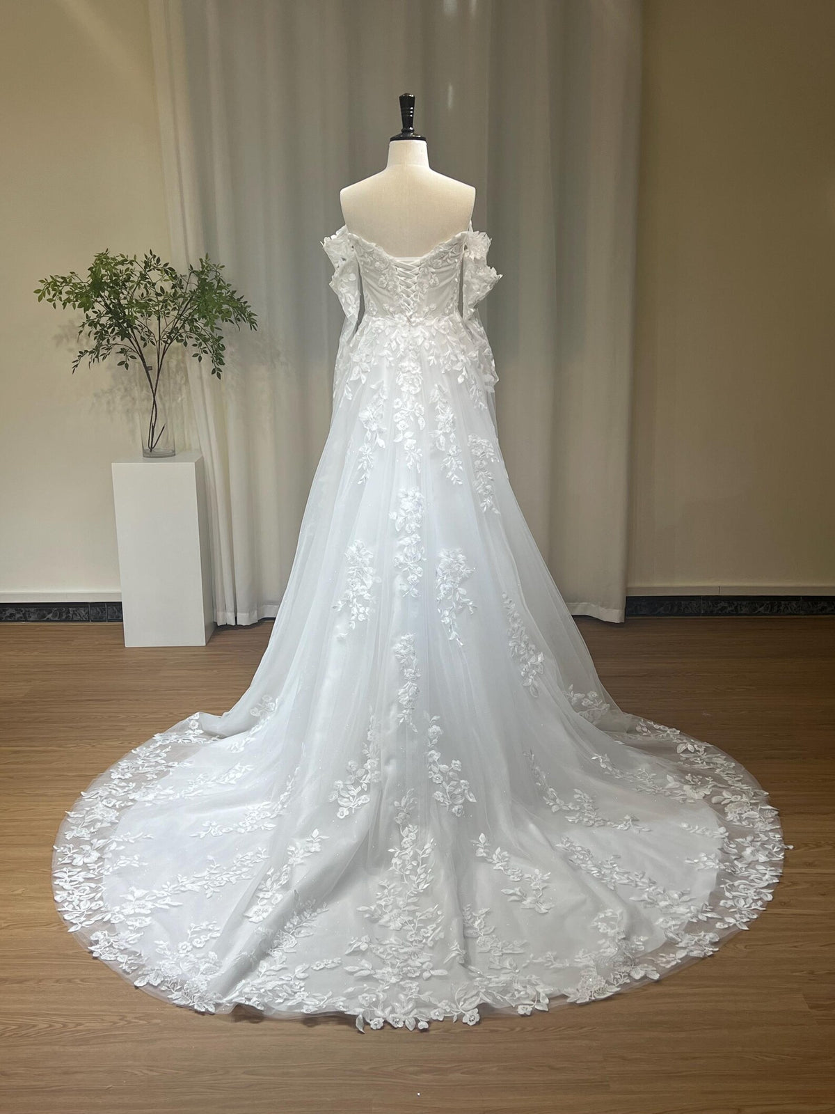 Off-the-Shoulder A-Line Wedding Dress, 3D Floral Lace Bridal Gown, Sparkle Tulle Chapel Train Wedding Gown, Custom Made Bride Dress