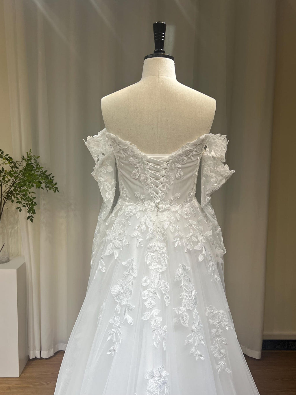 Off-the-Shoulder A-Line Wedding Dress, 3D Floral Lace Bridal Gown, Sparkle Tulle Chapel Train Wedding Gown, Custom Made Bride Dress