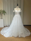 Off-the-Shoulder A-Line Wedding Dress, 3D Floral Lace Bridal Gown, Sparkle Tulle Chapel Train Wedding Gown, Custom Made Bride Dress
