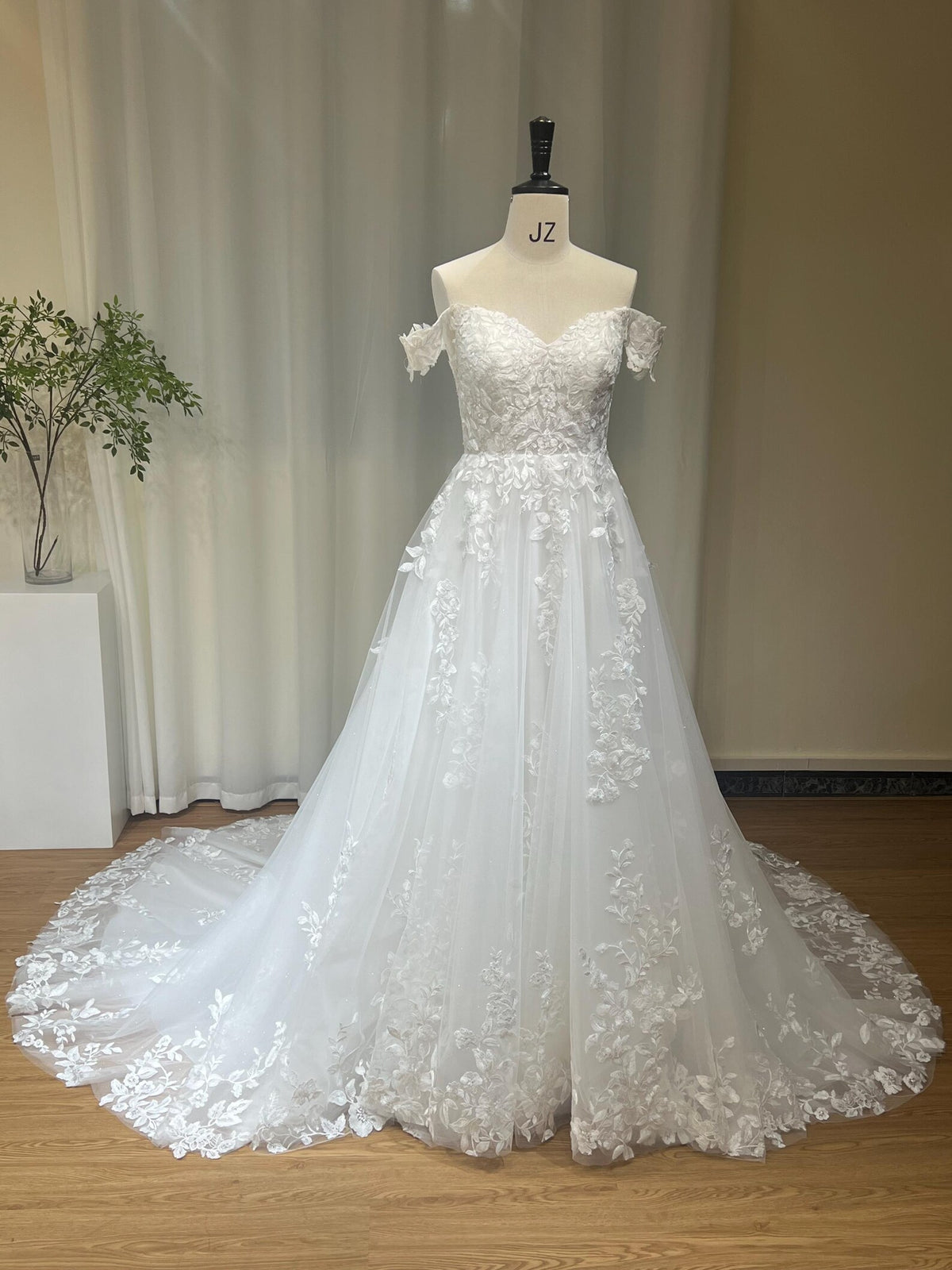 Off-the-Shoulder A-Line Wedding Dress, 3D Floral Lace Bridal Gown, Sparkle Tulle Chapel Train Wedding Gown, Custom Made Bride Dress