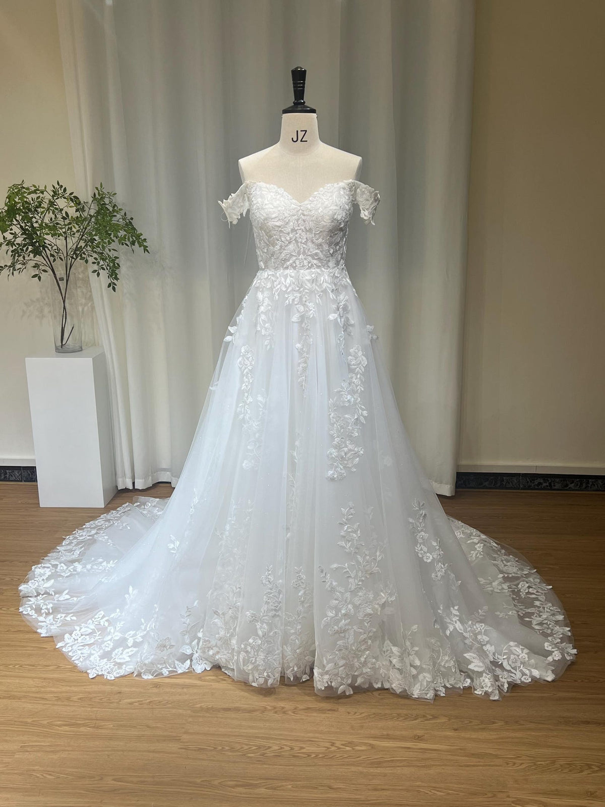 Off-the-Shoulder A-Line Wedding Dress, 3D Floral Lace Bridal Gown, Sparkle Tulle Chapel Train Wedding Gown, Custom Made Bride Dress