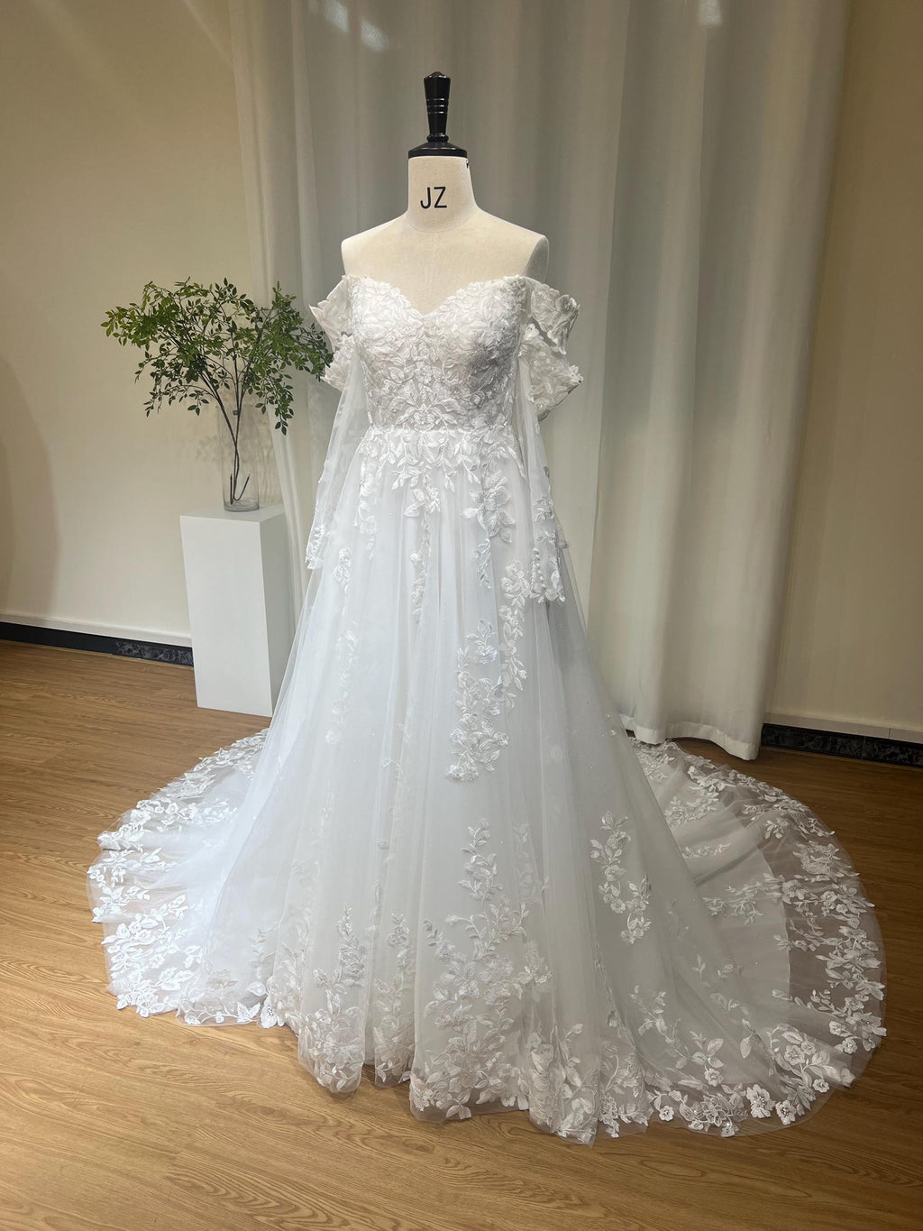 Off-the-Shoulder A-Line Wedding Dress, 3D Floral Lace Bridal Gown, Sparkle Tulle Chapel Train Wedding Gown, Custom Made Bride Dress