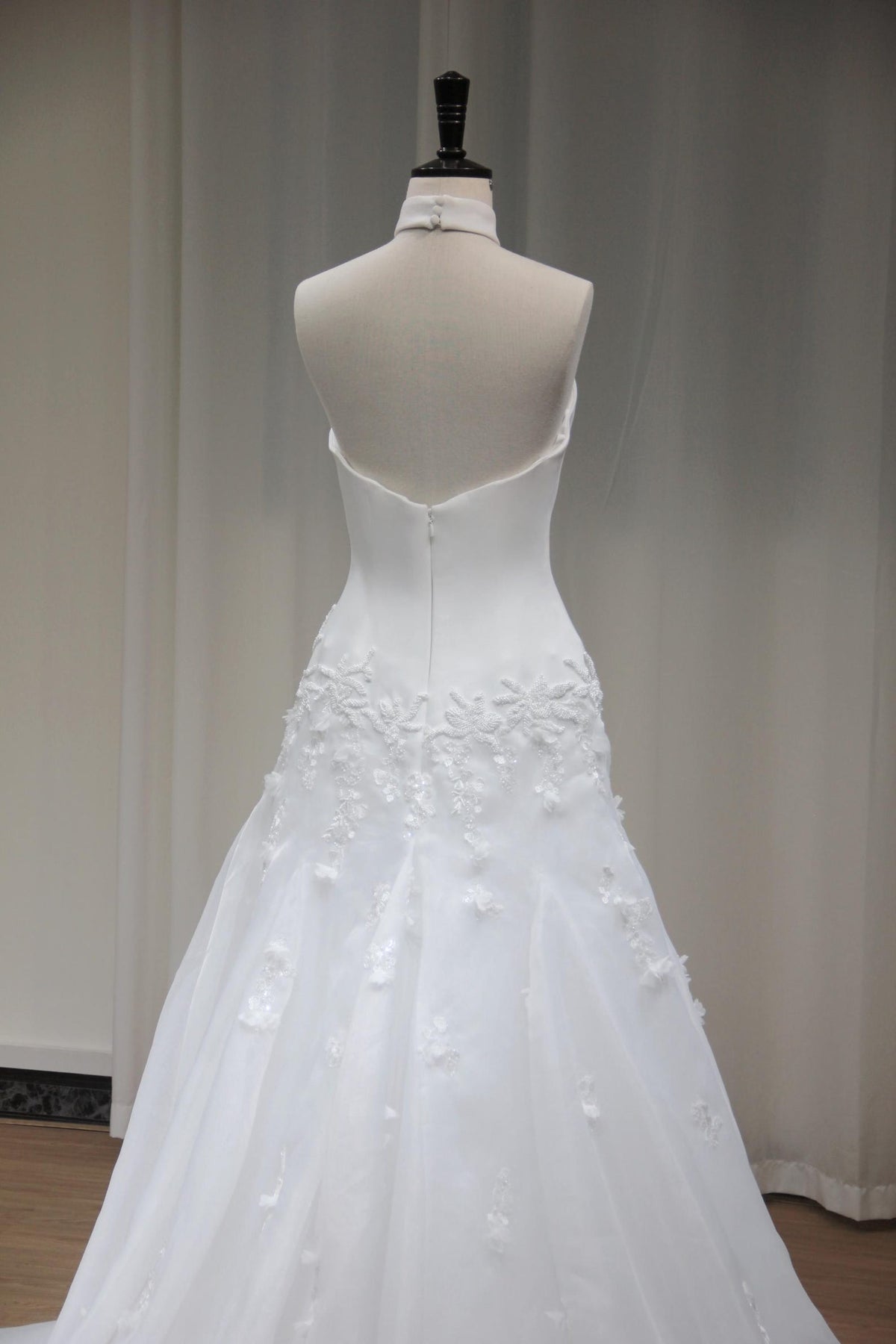 High Neck Halter A-Line Wedding Dress, 3D Floral Appliqué Bridal Gown, Flowy Organza Chapel Train Wedding Gown, Custom Bride Dress