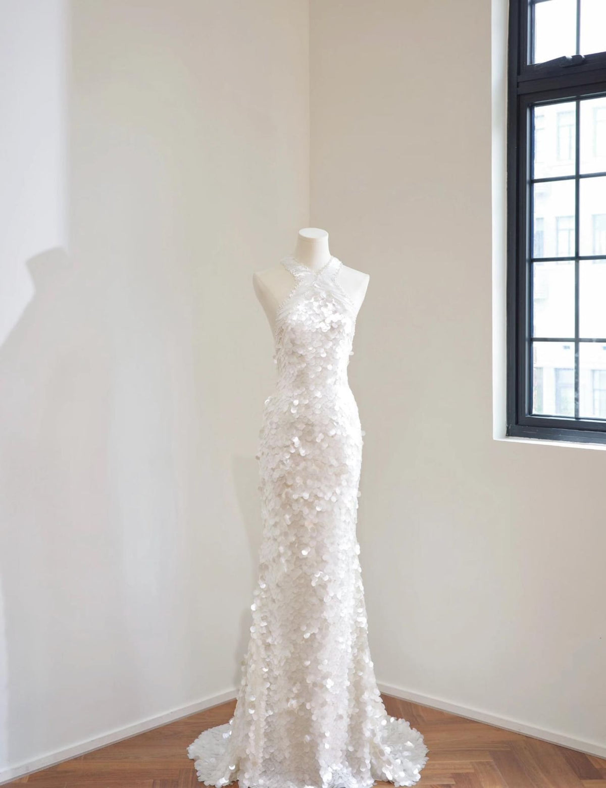 Halter Neck Sequin Mermaid Wedding Dress, Ivory Beaded Bridal Gown, Open Back Fit and Flare, Glamorous Reception Gown