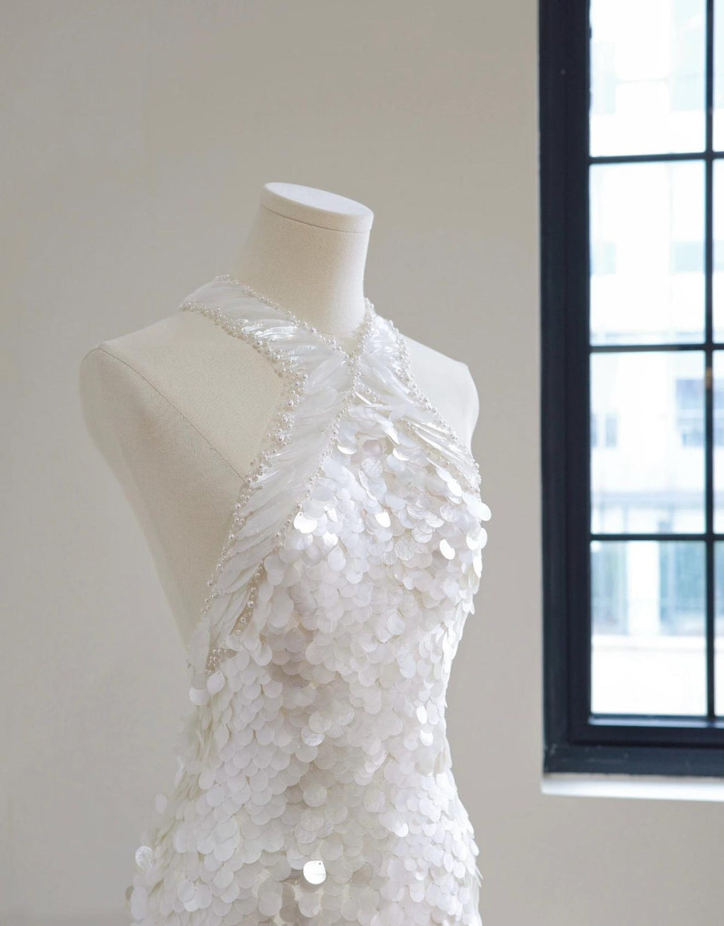 Halter Neck Sequin Mermaid Wedding Dress, Ivory Beaded Bridal Gown, Open Back Fit and Flare, Glamorous Reception Gown