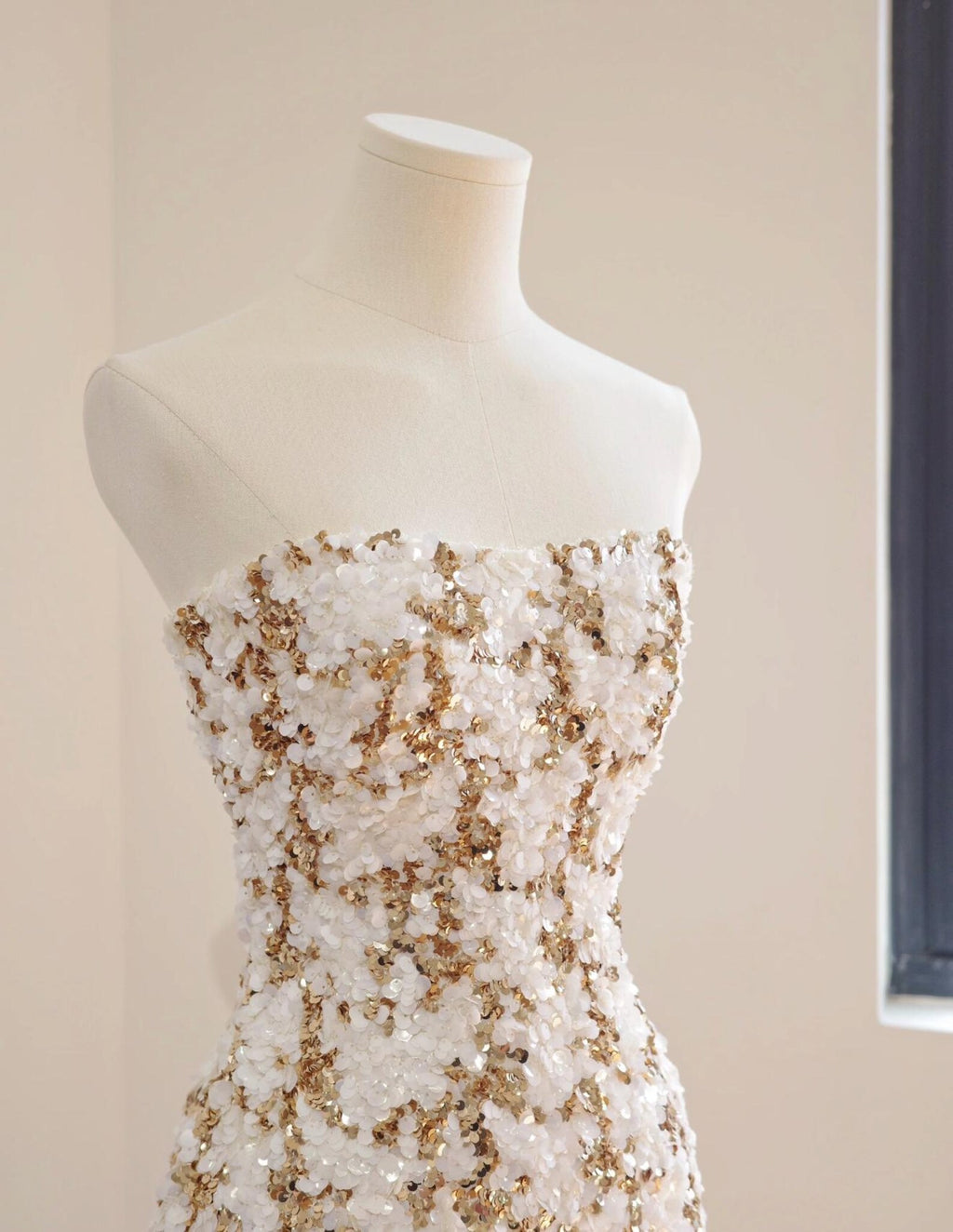 Luxury Strapless Gold Beaded Wedding Gown, 3D White Floral Sequin Sheath Dress, Sparkly Hand Embellished Custom Bridal Gown
