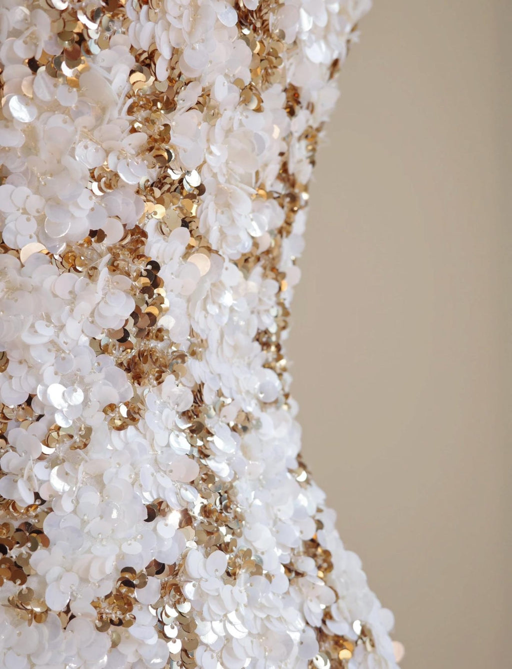 Luxury Strapless Gold Beaded Wedding Gown, 3D White Floral Sequin Sheath Dress, Sparkly Hand Embellished Custom Bridal Gown