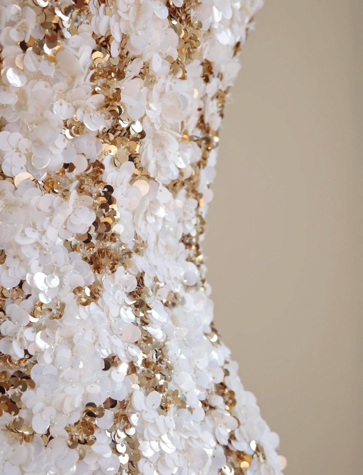 Luxury Strapless Gold Beaded Wedding Gown, 3D White Floral Sequin Sheath Dress, Sparkly Hand Embellished Custom Bridal Gown
