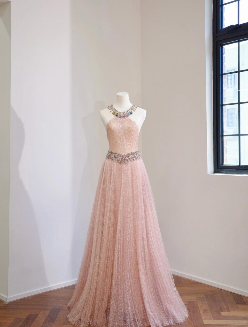 Luxury Halter Neck Pink Tulle Formal Gown, Colorful Crystal Beaded A-line Evening Dress, Custom Floor Length Prom Gown