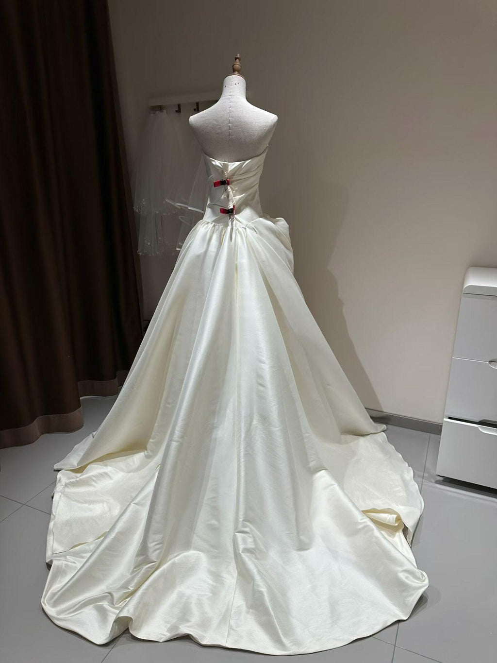 Strapless Draped Satin A-Line Wedding Dress, Oversized 3D Flower Bridal Gown, Chapel Train Modern Couture Wedding Gown, Custom Bride Dress