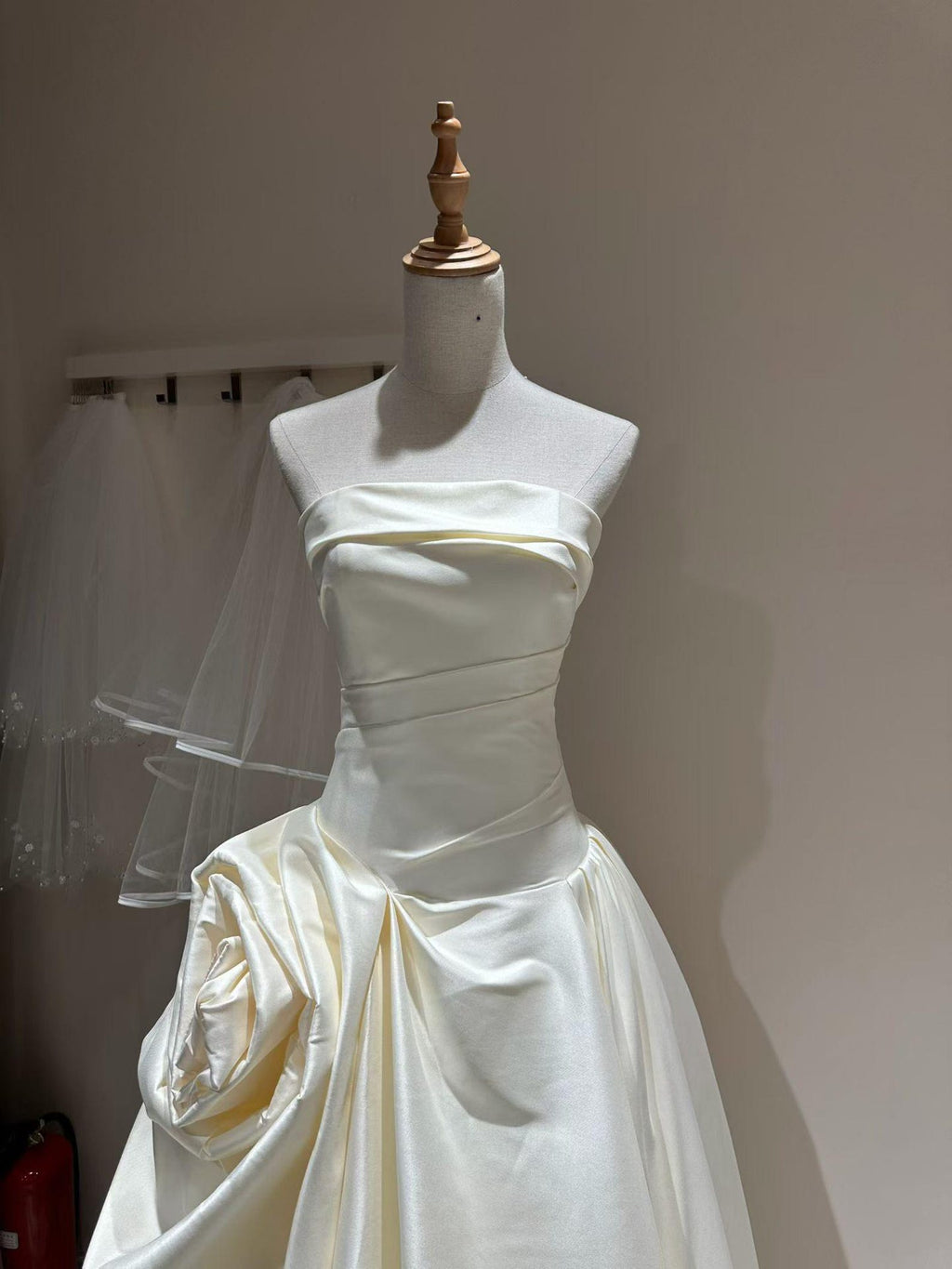 Strapless Draped Satin A-Line Wedding Dress, Oversized 3D Flower Bridal Gown, Chapel Train Modern Couture Wedding Gown, Custom Bride Dress