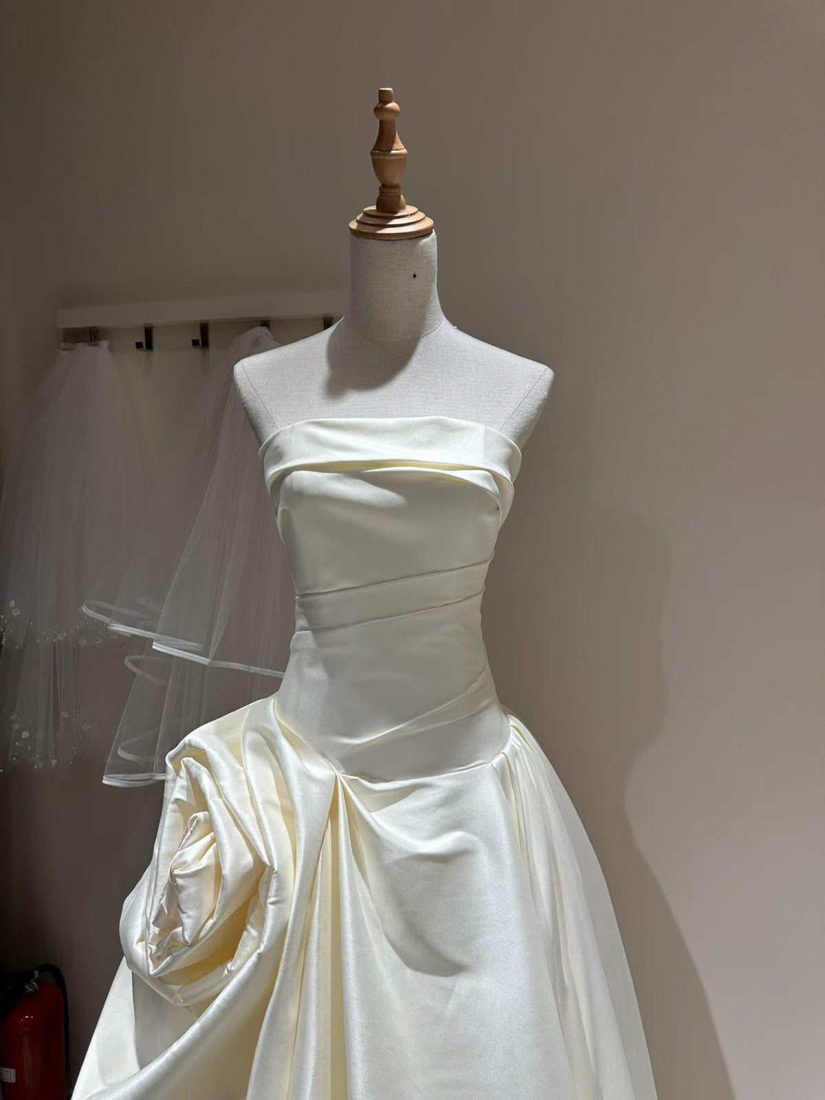 Strapless Draped Satin A-Line Wedding Dress, Oversized 3D Flower Bridal Gown, Chapel Train Modern Couture Wedding Gown, Custom Bride Dress