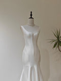 Modern Sleeveless Satin Mermaid Wedding Gown, Sculpted Seamed Deep V Bridal Dress, Fit & Flare Custom Wedding Gown