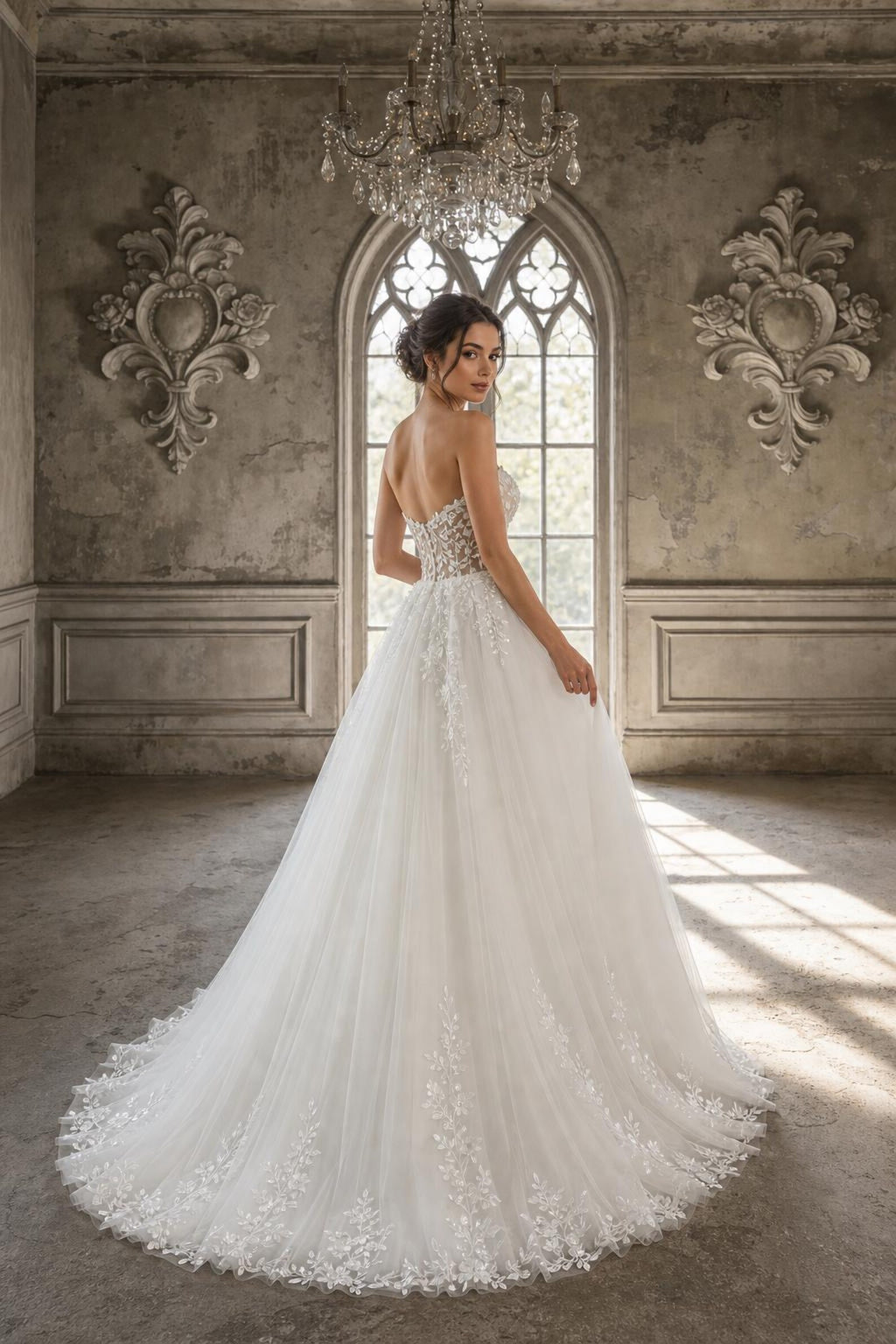 Strapless Illusion Lace Tulle Ballgown Wedding Dress, 3D Floral Embroidery, Sweetheart Neck, Custom Bridal Gown with Train