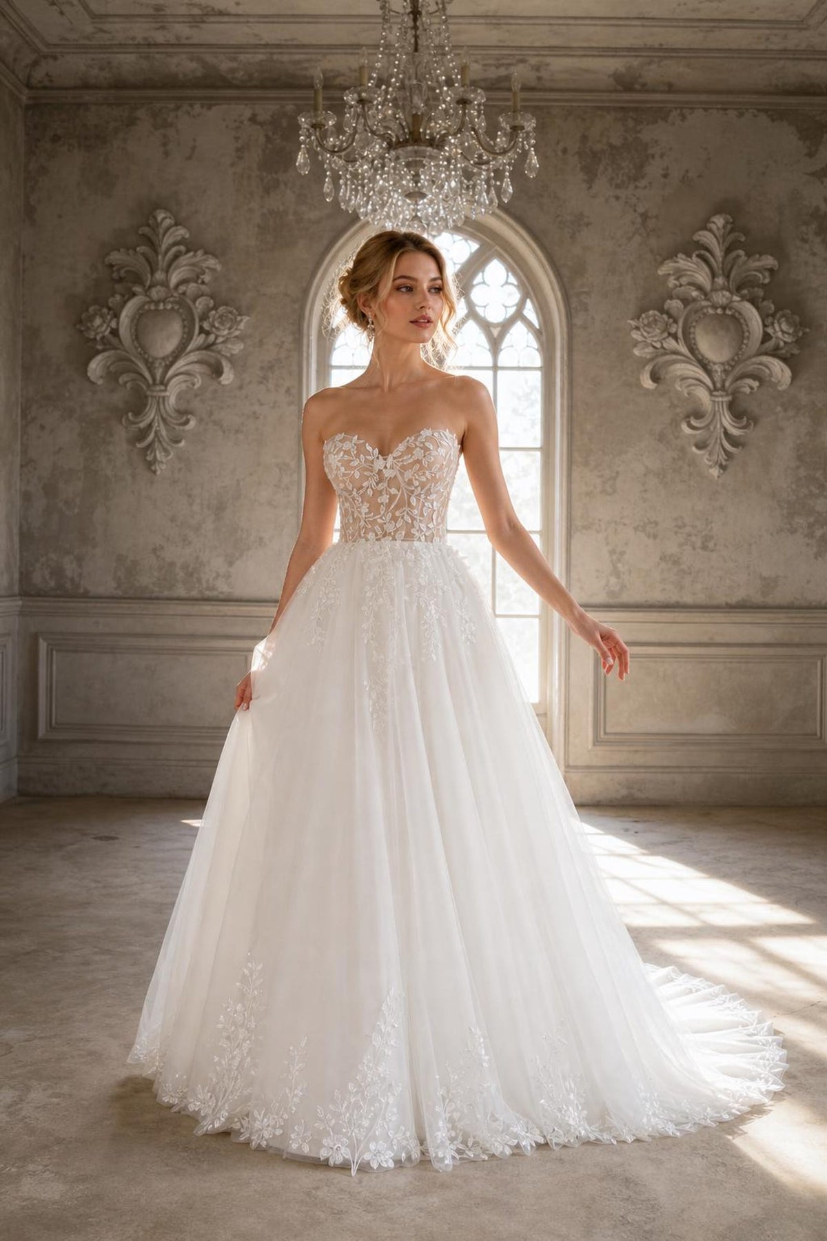 Strapless Illusion Lace Tulle Ballgown Wedding Dress, 3D Floral Embroidery, Sweetheart Neck, Custom Bridal Gown with Train