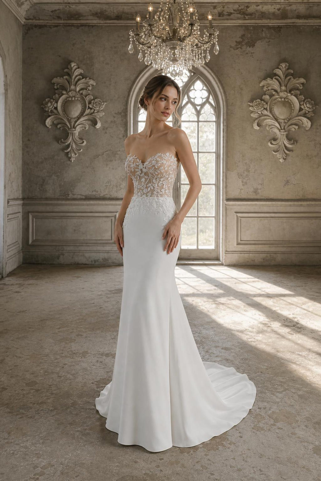 Strapless Illusion Lace Tulle Ballgown Wedding Dress, 3D Floral Embroidery, Sweetheart Neck, Custom Bridal Gown with Train