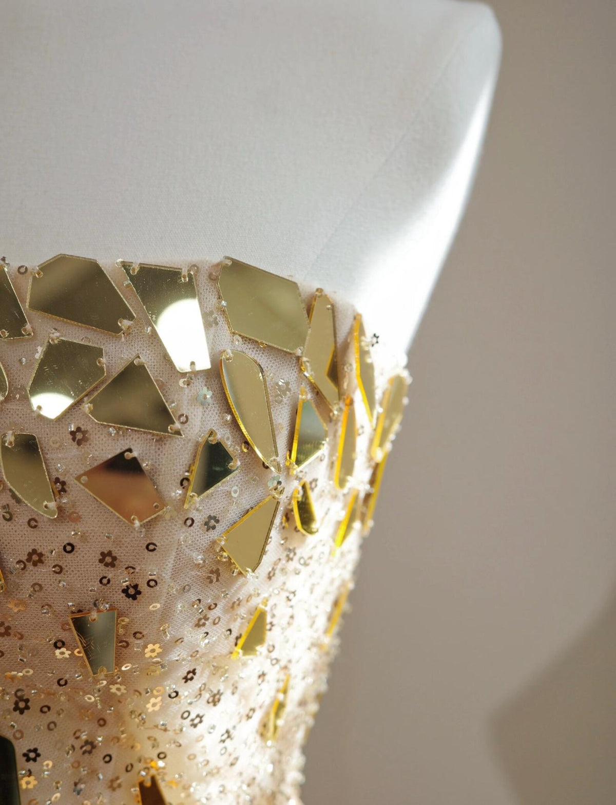 Gold Broken Mirror Strapless Mini Gown, Glitter Beaded A-Line Short Cocktail Dress, Custom Prom & Photoshoot Dress