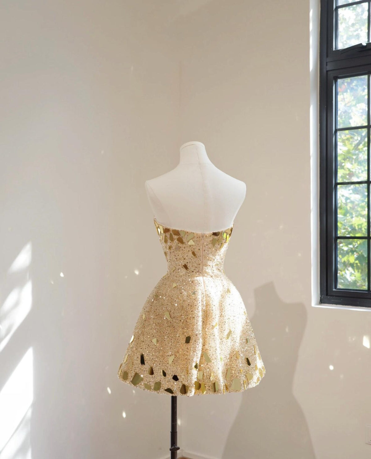 Gold Broken Mirror Strapless Mini Gown, Glitter Beaded A-Line Short Cocktail Dress, Custom Prom & Photoshoot Dress