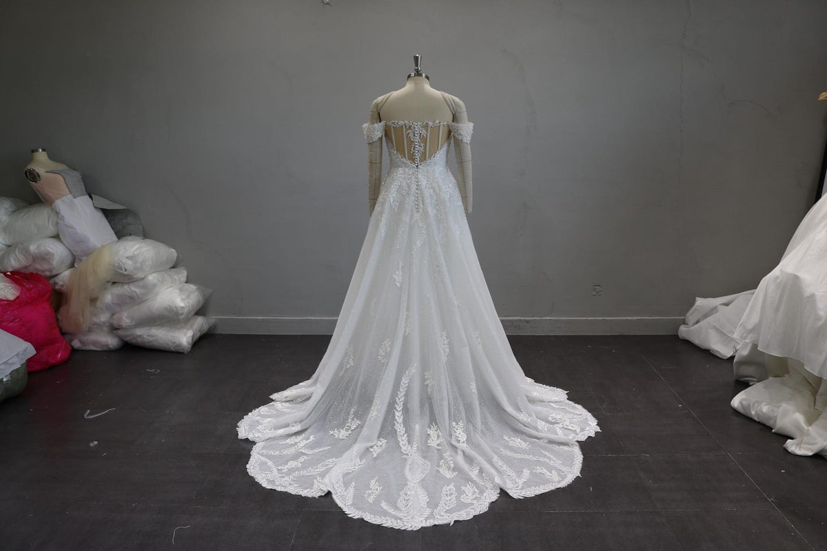 Off the Shoulder Lace Wedding Dress, V Neck Glitter Tulle Bridal Gown, A Line Court Train Wedding Gown, Custom Made Bridal Dress