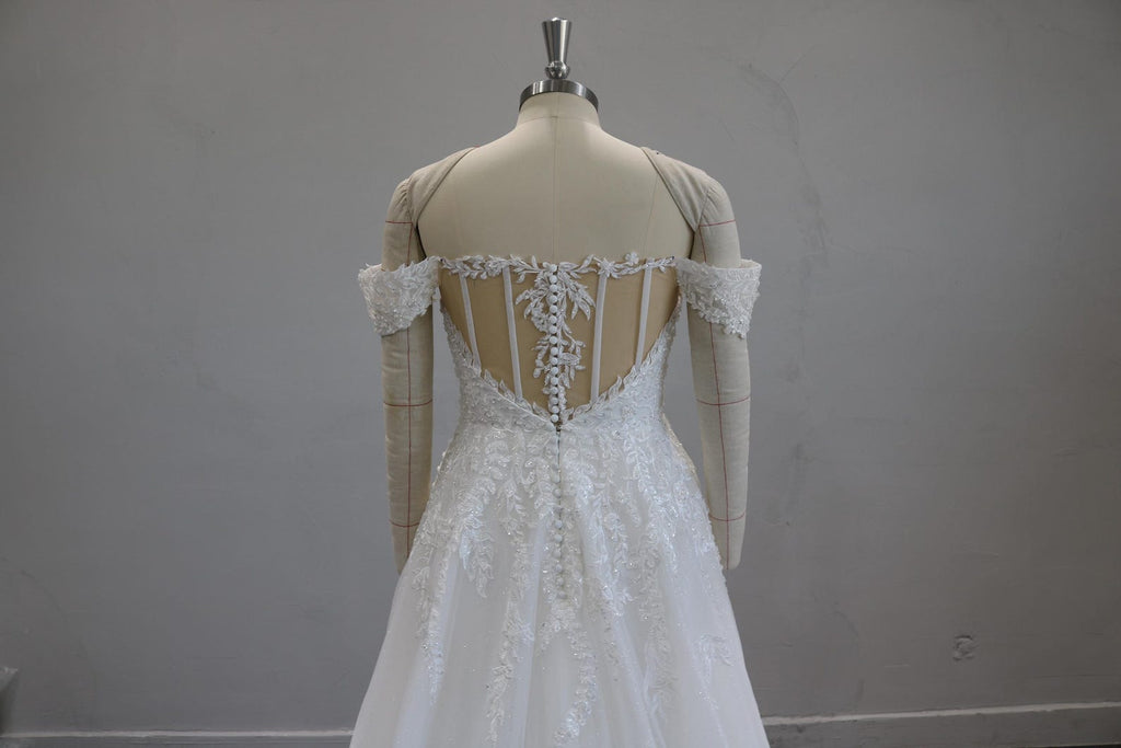 Off the Shoulder Lace Wedding Dress, V Neck Glitter Tulle Bridal Gown, A Line Court Train Wedding Gown, Custom Made Bridal Dress