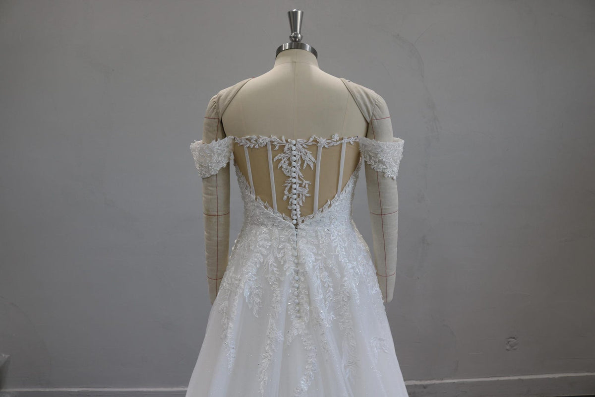 Off the Shoulder Lace Wedding Dress, V Neck Glitter Tulle Bridal Gown, A Line Court Train Wedding Gown, Custom Made Bridal Dress