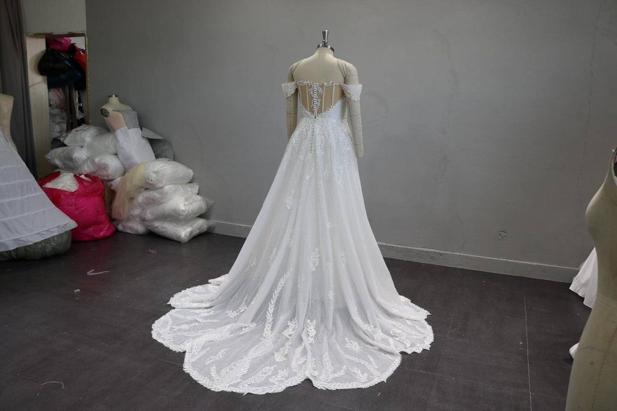 Off the Shoulder Lace Wedding Dress, V Neck Glitter Tulle Bridal Gown, A Line Court Train Wedding Gown, Custom Made Bridal Dress
