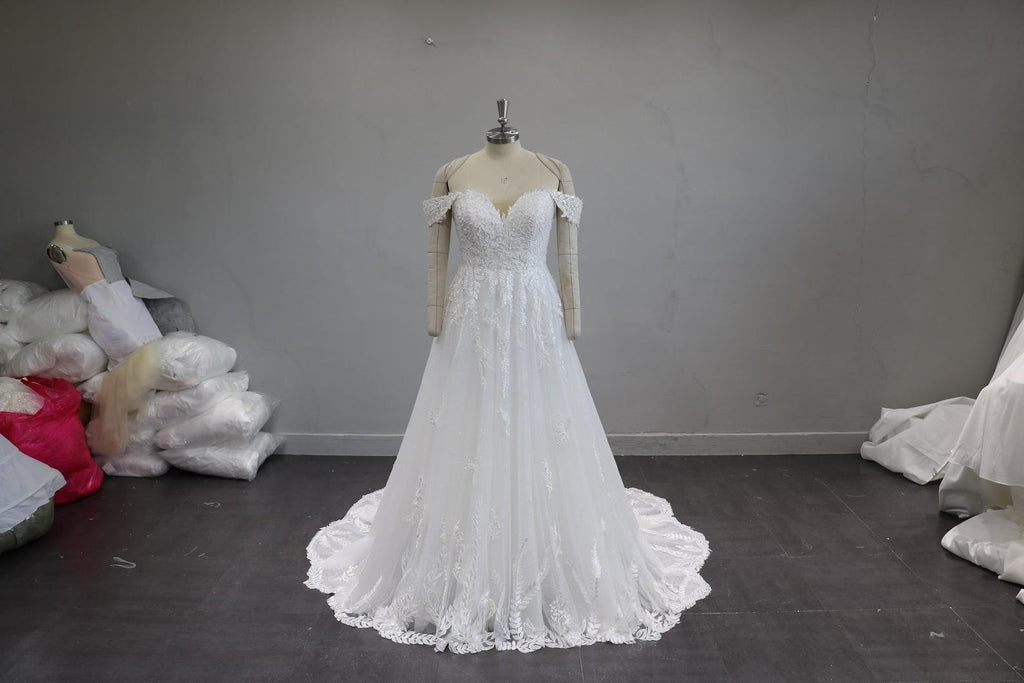 Off the Shoulder Lace Wedding Dress, V Neck Glitter Tulle Bridal Gown, A Line Court Train Wedding Gown, Custom Made Bridal Dress