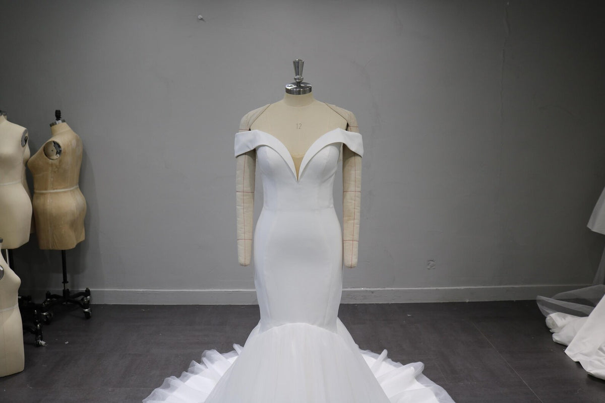 Off Shoulder Deep V Mermaid Wedding Dress, Satin Bodice Tulle Train Bridal Gown, Custom Made Wedding Gown