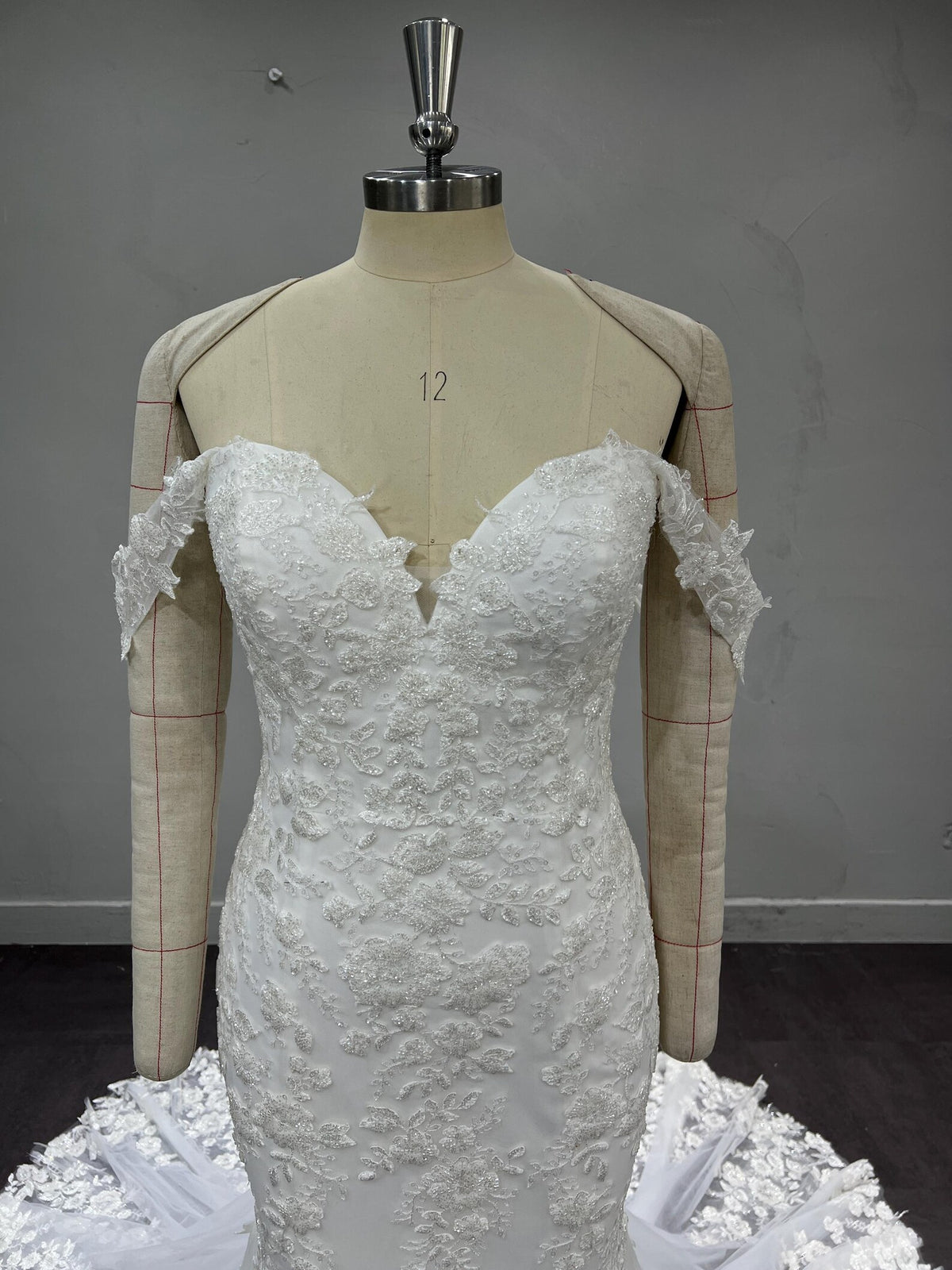 Sweetheart Off Shoulder Mermaid Bridal Dress, 3D Flower Lace Tulle Wedding Gown with Chapel Train