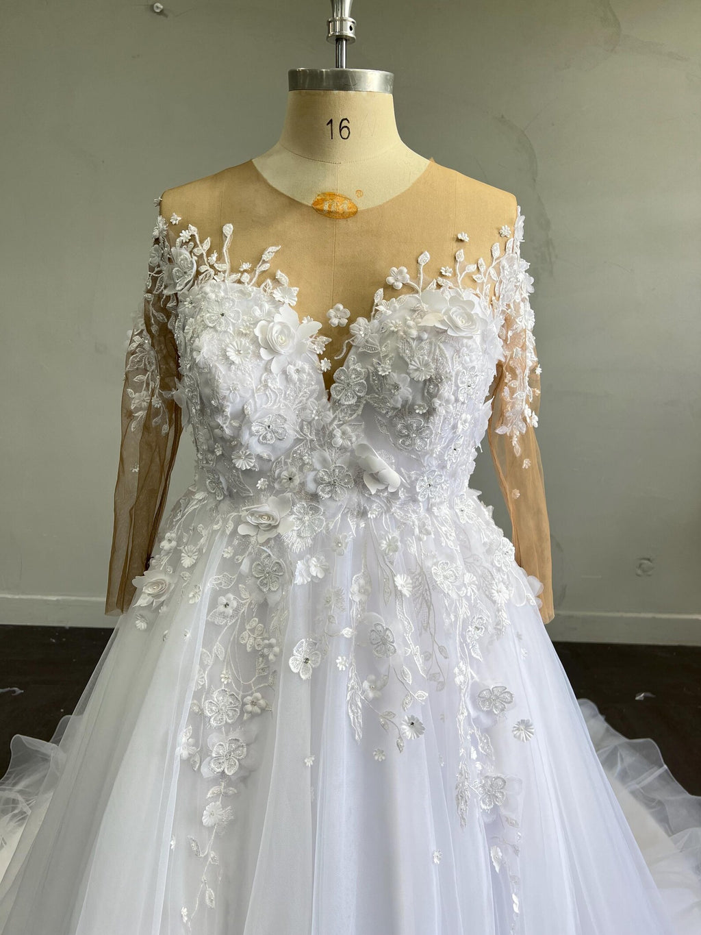 Sheer Illusion Neck A Line Wedding Gown, Long Sleeve 3D Flower Lace Tulle Bridal Dress with Ruffle Train