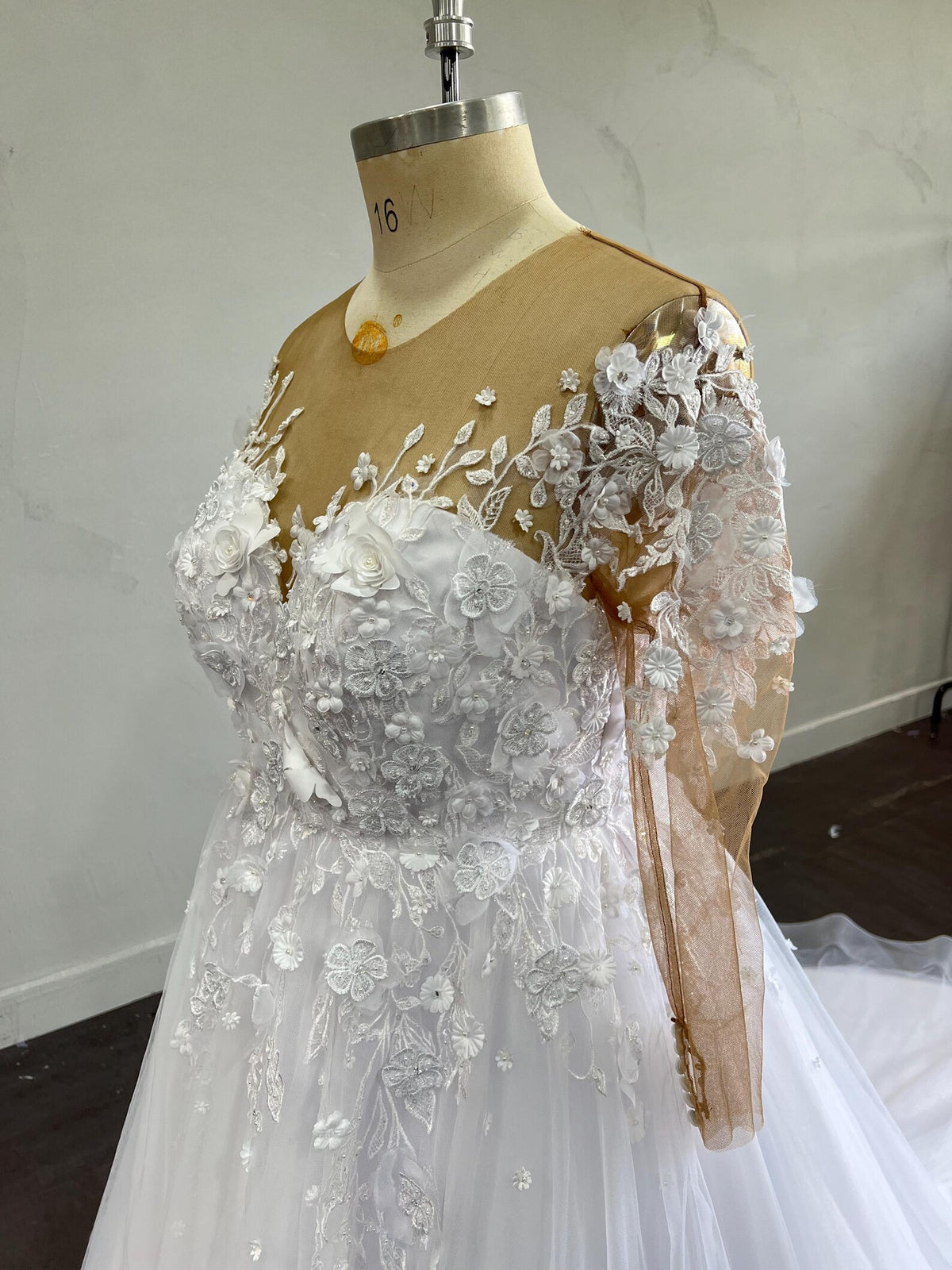 Sheer Illusion Neck A Line Wedding Gown, Long Sleeve 3D Flower Lace Tulle Bridal Dress with Ruffle Train