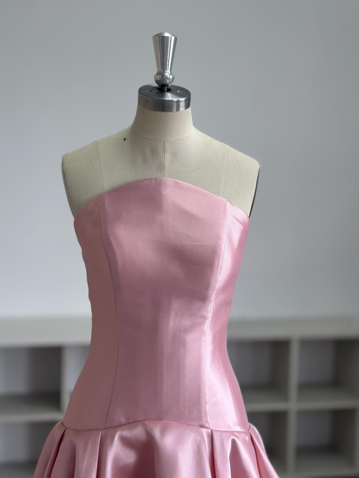 Blush Pink Satin Strapless Ball Gown, Asymmetrical Draped Skirt Formal Dress, Long Wedding Guest Prom Dress with Train