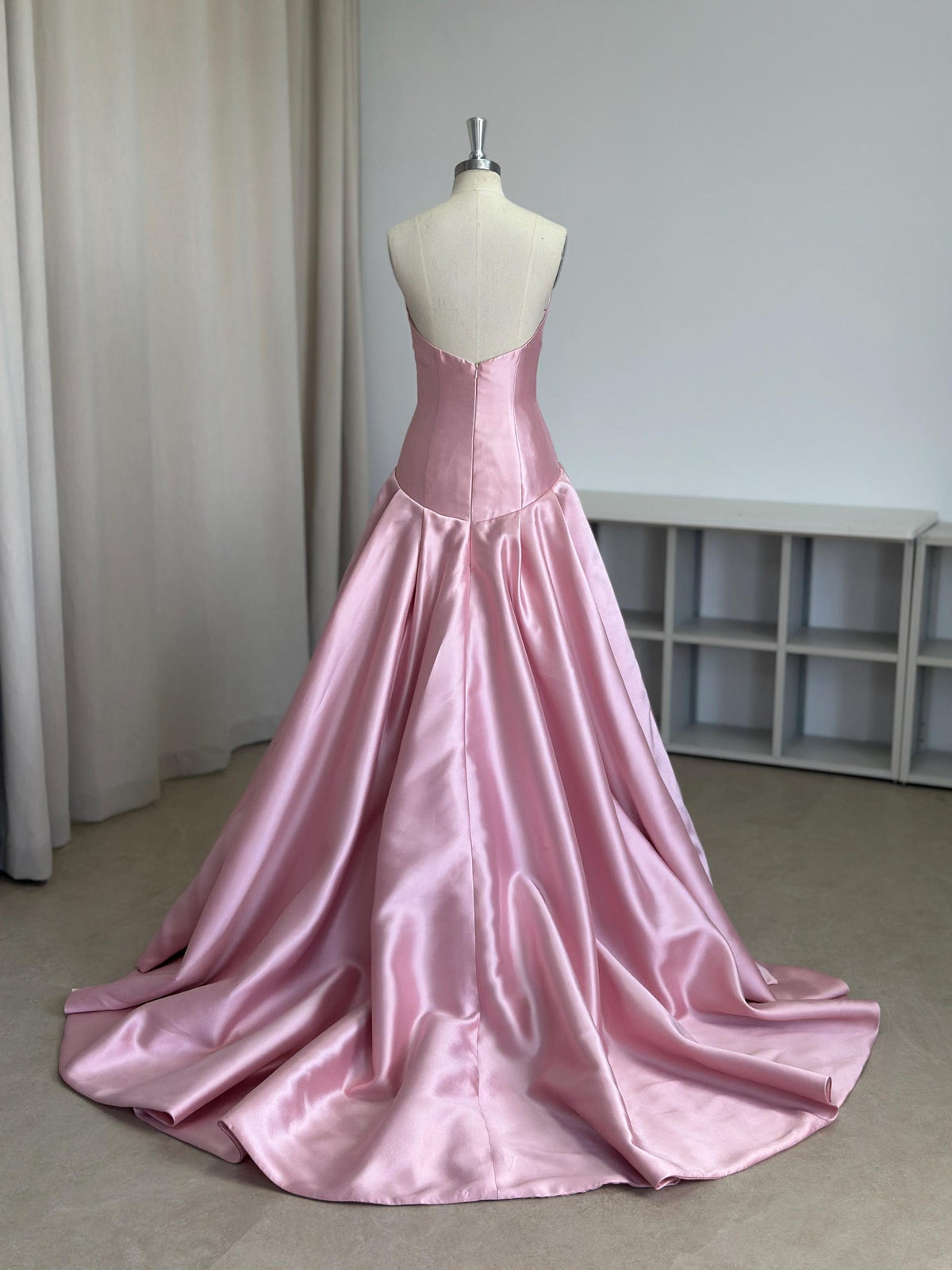 Blush Pink Satin Strapless Ball Gown, Asymmetrical Draped Skirt Formal Dress, Long Wedding Guest Prom Dress with Train