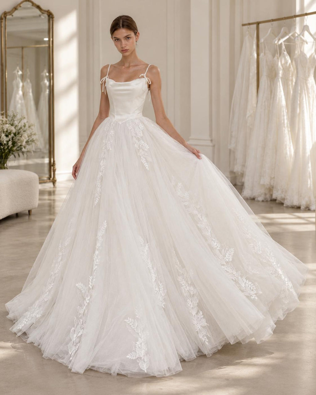 vStrappy Bow Wedding Dress, Satin Bodice Tulle Ball Gown, Lace Embroidery Bridal Gown With Long Train, Romantic Princess Wedding Dress