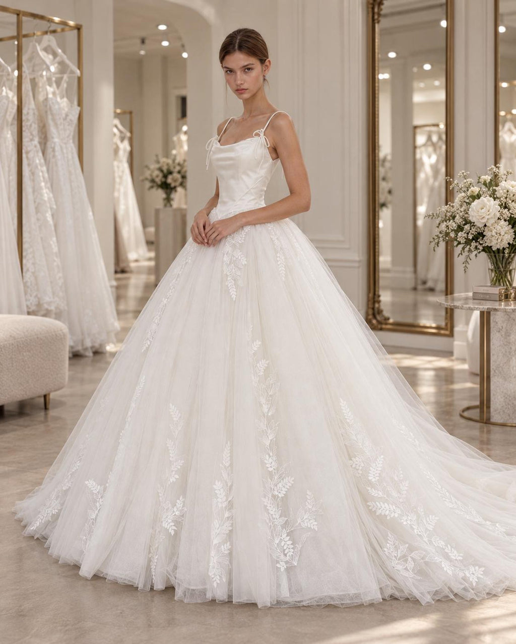vStrappy Bow Wedding Dress, Satin Bodice Tulle Ball Gown, Lace Embroidery Bridal Gown With Long Train, Romantic Princess Wedding Dress