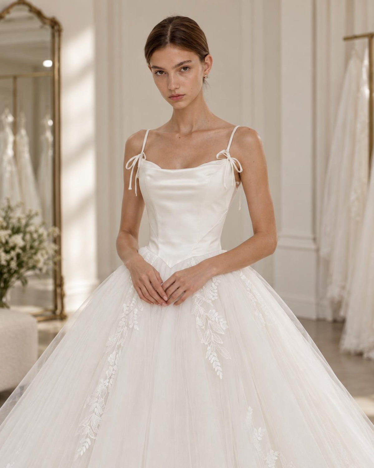 vStrappy Bow Wedding Dress, Satin Bodice Tulle Ball Gown, Lace Embroidery Bridal Gown With Long Train, Romantic Princess Wedding Dress