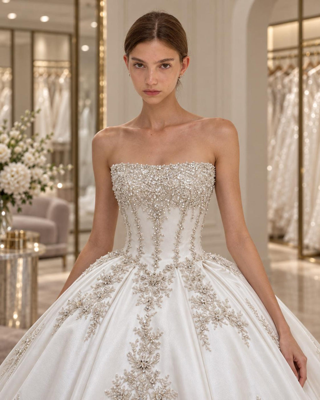 Luxury Strapless Satin Wedding Dress, Sparkle Beaded Lace Ballgown Bridal Gown with Chapel Train