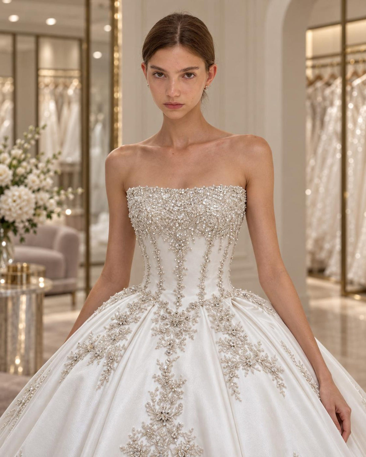 Luxury Strapless Satin Wedding Dress, Sparkle Beaded Lace Ballgown Bridal Gown with Chapel Train