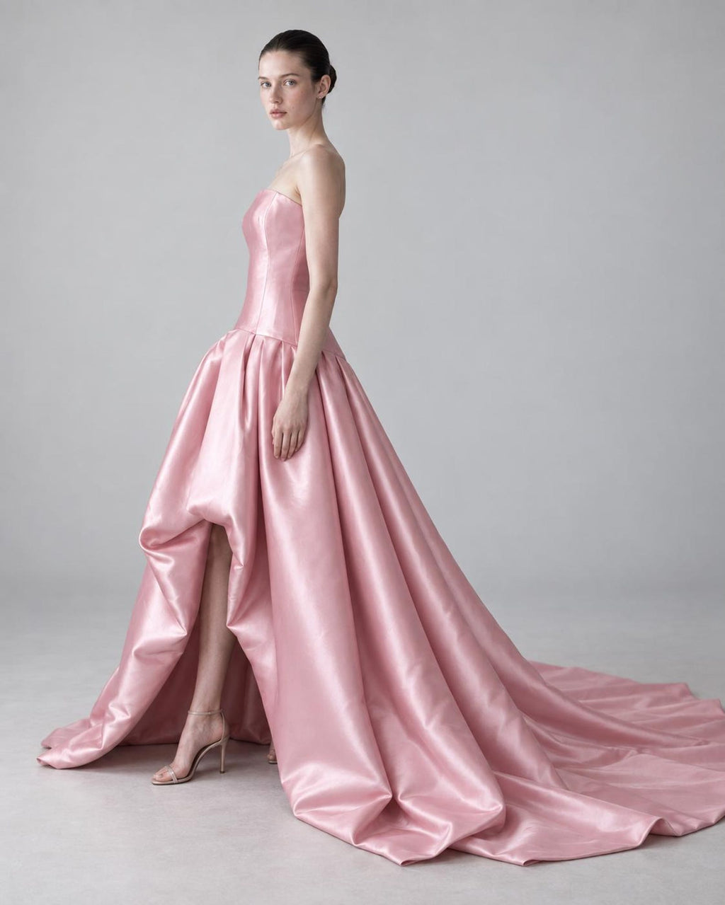 Blush Pink Satin Strapless Ball Gown, Asymmetrical Draped Skirt Formal Dress, Long Wedding Guest Prom Dress with Train
