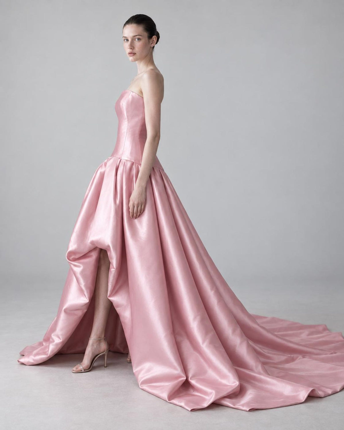 Blush Pink Satin Strapless Ball Gown, Asymmetrical Draped Skirt Formal Dress, Long Wedding Guest Prom Dress with Train