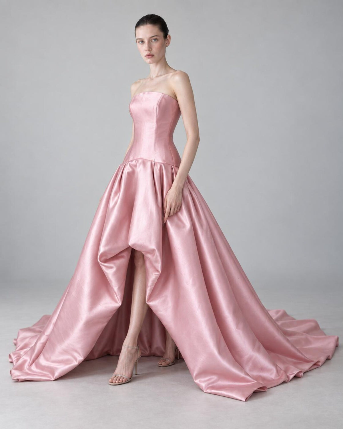 Blush Pink Satin Strapless Ball Gown, Asymmetrical Draped Skirt Formal Dress, Long Wedding Guest Prom Dress with Train